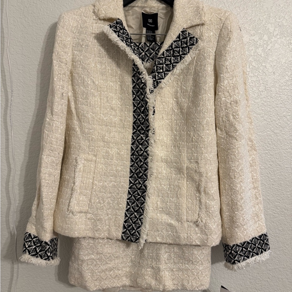Textured Cream Blazer and Skirt Suit set with Black Details